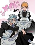  &gt;:( 2boys alternate_costume angry apron black_ribbon black_shirt black_skirt bleach blue_eyes blue_hair blush_stickers brown_eyes clenched_teeth commentary_request crossdressing enmaided facial_mark feet_out_of_frame frilled_apron frills frown grimmjow_jaegerjaquez hair_between_eyes hair_ribbon hand_on_own_knee heart highres jitome juliet_sleeves knee_up kurosaki_ichigo long_skirt long_sleeves looking_at_viewer maid maid_apron maid_headdress multiple_boys orange_hair puffy_sleeves ribbon shaded_face shirt short_hair simple_background sitting skirt skirt_hold spiked_hair standing sweatdrop teeth translated twitter_username v-shaped_eyebrows white_apron white_background yanono_015 