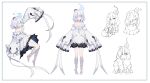  +_+ 1girl absurdres arm_up bandaged_foot bandaged_leg bandages blue_eyes blue_fire blush bow breasts choker cleavage closed_eyes closed_mouth collarbone commentary_request dress eyes_visible_through_hair fire frilled_dress frills grey_hair hair_ornament hair_over_one_eye heart heart_hair_ornament highres long_sleeves medium_breasts multicolored_hair multiple_views off-shoulder_dress off_shoulder ohihil original parted_lips puffy_long_sleeves puffy_sleeves purple_hair simple_background sleeves_past_fingers sleeves_past_wrists two-tone_hair wavy_mouth white_background white_bow white_choker white_dress 