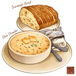  artist_logo bread chowder_(food) clam clam_chowder_(food) cracker food food_focus food_name food_wrapper highres no_humans original plate simple_background sourdough_bread spoon white_background yuki00yo 