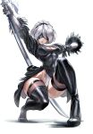  1girl 2b_(nier:automata) absurdres black_dress blindfold boots breasts cleavage_cutout closed_mouth clothing_cutout commentary_request covered_navel dress feather_trim full_body gloves hair_ornament hairband highleg highleg_leotard highres holding juaag_acgy leotard leotard_under_clothes lips long_sleeves medium_breasts nier:automata nier_(series) puffy_sleeves shadow shiny_clothes shiny_skin short_dress short_hair simple_background solo sword thigh_boots thighhighs thighs virtuous_contract weapon white_background white_hair 