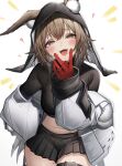  1girl :d absurdres animal_ear_fluff animal_ears arknights black_skirt blush breasts brown_hair caper_(arknights) commentary_request ears_through_hood fangs gloves heart highres hood jacket long_sleeves looking_at_viewer medium_breasts midriff mole mole_on_thigh naughty_face navel open_mouth red_eyes red_gloves short_hair skirt smile solo tab_head teeth thighs tongue upper_teeth_only v_over_mouth white_jacket 