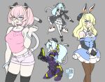  4girls @_@ animal_ears armlet ascot black_coat black_corset black_gloves black_thighhighs blonde_hair blue_coat blue_corset blue_eyes blue_hair bodysuit bracelet breasts camisole cat cat_ears cat_girl cat_tail cigarette coat cocking_gun contrapposto corset creature crop_top cropped_legs dress elbow_gloves floating_headgear frilled_dress frills frown glasses gloves grey_background gun hair_over_one_eye half-closed_eyes hand_on_own_thigh hand_up handgun head_tilt headgear holding holding_cigarette holding_gun holding_sword holding_weapon jewelry large_breasts long_hair long_sleeves looking_at_viewer magari_(c0rn3r) mass_production_nora_cat mechanical_ears mechanical_tail medium_breasts midriff multicolored_hair multiple_girls navel nora_cat_channel one_eye_covered open_mouth pantyhose pink_camisole pink_hair pink_shorts pointing_weapon ponytail purple_bodysuit rabbit_ears rabbit_girl rabbit_tail shirt short_shorts shorts simple_background skindentation sleeve_cuffs sleeveless sleeveless_coat sleeveless_dress sleeveless_shirt standing standing_on_one_leg streaked_hair sword tail thighhighs thighs two_side_up underbust v_arms weapon white_ascot white_dress white_pantyhose 