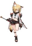  1girl absurdres animal_ears arknights arrow_(projectile) bangs bare_shoulders blonde_hair cape fox_ears fox_girl fox_tail full_body highres kentllaall looking_at_viewer mechanical_arms midriff notched_ear orange_eyes oripathy_lesion_(arknights) quiver sandals shorts simple_background single_mechanical_arm solo tail vermeil_(arknights) white_background 