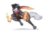  2022 action_pose anthro armor black_hair bottomwear bracers canid canine clothed clothing coat elemental_creature elemental_manipulation fire fire_manipulation firedog firestone fur greaves grey_body grey_fur hair hi_res invalid_tag jewelry male mammal necklace open_mouth orange_eyes padded_palms pawpads paws pink_pawpads plantigrade pose razor_(razim) razor_the_firedog scarf shirt shorts stripes t-fruit tail topwear vest 