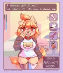 accessory anthro biscuit_(blasticussaturn) blasticussaturn blush bone clothed clothing collar dog_food female gameplay_mechanics hair hair_accessory hair_tie hand_on_face heart_in_mouth hi_res holidays hoodie leash legwear one_ear_up orange_hair panties pantsless pet_food shirt smile solo t-shirt tail tail_motion tailwag text thigh_highs topwear underwear valentine&#039;s_day