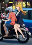  1boy 1girl absurdres artist_name bag bare_legs black_footwear blonde_hair blue_car blue_jacket blue_shorts blue_skirt blurry blurry_background blush closed_eyes collared_shirt commentary fatzhai full_body hand_on_own_knee helmet high_heels highres jacket knees_together_feet_apart legs license_plate long_hair motor_vehicle multiple_riders office_lady on_scooter open_mouth orange_shirt original outdoors pencil_skirt sandals scooter shirt short_sleeves shorts shoulder_bag sitting skirt skirt_suit suit symbol-only_commentary teeth upper_teeth_only white_shirt 