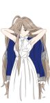  0ddlysaucy 1girl absurdly_long_hair armpits arms_up blue_capelet brown_eyes brown_hair capelet closed_mouth commentary cropped_legs dress english_commentary expressionless eyes_visible_through_hair feet_out_of_frame hair_over_one_eye ibispaint_(medium) long_bangs long_dress long_hair looking_at_viewer sense_(sousou_no_frieren) signature simple_background solo sousou_no_frieren standing very_long_hair white_background white_dress 