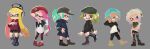  6+girls black_footwear black_hat black_pants black_shorts black_sweater blonde_hair blue_coat blue_eyes blue_hair brown_pants coat earrings fang full_body green_hair grey_background grey_eyes grin hand_on_own_hip hat headphones highres hood hood_down hoodie inkling inkling_girl inkling_player_character jewelry long_hair multiple_girls octoling octoling_girl octoling_player_character open_mouth pants pink_eyes pink_hair pointy_ears red_hat safety_pin shorts smile splatoon_(series) sweater tentacle_hair tinted_eyewear torn_clothes torn_pants ukata white_hair yellow_footwear 