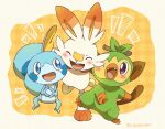  artist_name blue_eyes blue_skin blush bright_pupils closed_eyes colored_skin green_fur grookey highres multicolored_fur no_humans one_eye_closed open_mouth orange_fur pokemon pokemon_(creature) purple_eyes roku_(rokkrn) scorbunny sobble starter_pokemon_trio teeth upper_teeth_only white_fur white_pupils yellow_fur 