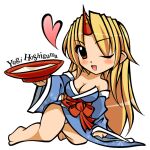  1girl bare_legs barefoot blonde_hair blue_kimono blush bow breasts character_name chibi cleavage commentary_request cup diwali eyebrows_visible_through_hair heart hoshiguma_yuugi hoshiguma_yuugi_(promo) japanese_clothes kimono long_hair long_sleeves looking_at_viewer medium_breasts obi off-shoulder_kimono off_shoulder official_alternate_costume one_eye_closed open_mouth panties red_bow red_sash sakazuki sash simple_background solo touhou underwear white_background white_panties wide_sleeves younger 