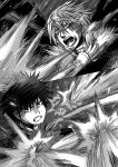  2boys accelerator_(toaru_majutsu_no_index) battle clenched_teeth commentary_request duel eye_trail fur-trimmed_hood fur-trimmed_jacket fur_trim greyscale highres hood hood_down jacket kamijou_touma light_trail long_sleeves making-of_available male_focus monochrome motion_lines multiple_boys nose open_mouth partial_commentary psychic scene_reference screaming short_hair spiked_hair tapi_oka@kankore teeth toaru_majutsu_no_index toaru_majutsu_no_index:_old_testament 