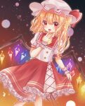  1girl absurdres blonde_hair cowboy_shot crystal_wings dress flandre_scarlet frilled_dress frills hand_up hat hat_ribbon highres mimi89819132 open_mouth red_eyes red_ribbon ribbon side_ponytail solo touhou white_mob_cap wrist_cuffs 
