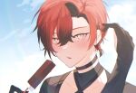  1boy bishounen black_gloves blush food gloves hand_up highres holding holding_food holding_popsicle holostars holostars_english looking_at_viewer machina_x_flayon male_focus open_mouth popsicle red_hair short_hair solo sweat upper_body xmayo0x 