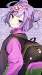  1girl backpack bag black_jacket blue_eyes blue_hair closed_mouth double_bun from_side hair_bun hair_rings highres indie_virtual_youtuber jacket jiangshi_no_ci-chan looking_at_viewer looking_to_the_side multicolored_hair ofuda purple_hair smile solo streaked_hair tomozero upper_body virtual_youtuber 