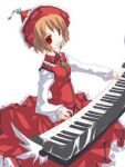  1girl brown_hair buttons frilled_hat frilled_shirt_collar frilled_skirt frills hat instrument keyboard_(instrument) long_skirt long_sleeves looking_at_viewer lowres lyrica_prismriver photoshop_(medium) red_eyes red_hat red_shirt red_skirt sakuraba_yuuki shirt short_hair simple_background skirt solo source_request touhou white_background 