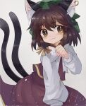  1girl :3 animal_ear_fluff animal_ears blush bow bowtie bright_pupils brown_eyes brown_hair cat_ears cat_tail chen commentary_request gold_trim hat highres light_particles long_sleeves looking_to_the_side medium_hair mob_cap multiple_tails nekomata paw_pose plus2sf puffy_long_sleeves puffy_sleeves red_skirt red_vest simple_background skirt skirt_set solo tail touhou two_tails vest white_background white_bow white_bowtie white_pupils 
