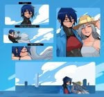  2girls android ariane_yeong blue_eyes blush cyberpunk dress elster_(signalis) good_end hat highres long_hair metal_skin multiple_girls omnlet robot_girl shirt short_hair signalis sky smile tears water yuri 