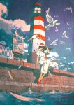  1girl black_hair blue_sky cloud dress hat highres lighthouse long_hair neg_(101neg) ocean off-shoulder_dress off_shoulder original painting_(object) railing red_footwear scenery sky solo waves white_bird white_dress white_feathers 