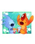  2022 absurd_res alien bendy_straw beverage blue_body blue_eyes blue_nose bubble_tea container cup digital_drawing_(artwork) digital_media_(artwork) disney drinking duo experiment_(lilo_and_stitch) fur heat_(lilo_and_stitch) hi_res holding_cup holding_object lilo_and_stitch mitten_hands orange_body orange_fur palm_tree plant red_eyes red_nose salty_nebula slushy_(lilo_and_stitch) star straw tree 