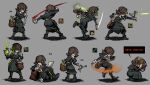  bag brown_eyes brown_hair chinese_text cowering dagger darkest_dungeon gameplay_mechanics glasses h_ikenuma hair_ornament hairclip highres knife medium_hair multiple_views plague_doctor_(darkest_dungeon) potion satchel slingshot_(weapon) sweatdrop vial weapon 