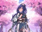  1girl absurdres ahoge annno_ans black_ribbon blue_eyes blue_flower blue_hair blue_sky checkered_clothes checkered_kimono cherry_blossoms cherry_tree dark_blue_hair falling_petals floral_print flower grin hair_flower hair_ornament hand_up highres holding holding_flower japanese_clothes kimono long_hair looking_at_viewer neck_ribbon obi one_side_up outdoors petals pink_flower print_kimono ribbon sash sawami_yuzu sky smile solo toki_production upper_body virtual_youtuber wide_sleeves 