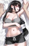  1girl bare_shoulders black_hair bra breasts choker cleavage collarbone dolphin_shorts highres kfr large_breasts long_hair looking_at_viewer navel open_mouth original purple_eyes shorts solo_focus sports_bra thighs underwear 