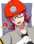  1boy chibi chibi_inset gloves grey_jacket hard_hat helmet highres ilovecorgi jacket male_focus musical_note open_clothes open_jacket open_mouth pokemon pokemon_dppt red_eyes red_hair roark_(pokemon) solo upper_body white_gloves 