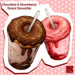  artist_logo chocolate_icing cup doughnut drinking_straw food food_focus food_name highres no_humans original pastry polka_dot polka_dot_background smoothie yuki00yo 