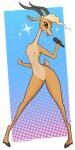  1:2 3_fingers antelope anthro blonde_hair bovid clothing conditional_dnp disney female fingers flat_chested footwear gazelle gazelle_(zootopia) genitals hair holding_microphone holding_object horn looking_at_viewer mammal microphone multicolored_body nipples nude open_mouth pawpadcomrade pussy simple_background singing slim solo standing two_tone_body zootopia 