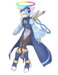  1boy adapted_costume alternate_design armor blue_armor blue_helmet blue_robe boots closed_eyes commentary_request cyber_elf_x_(mega_man) forehead_jewel full_body haiki_gm halo helmet high_heel_boots high_heels highres male_focus mechanical_wings mega_man_(series) mega_man_zero_(series) multicolored_halo rainbow_halo robe simple_background solo twitter_username white_background wings x_(mega_man) 