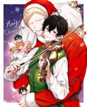  2boys absurdres blush border chibi chibi_inset fake_facial_hair fake_mustache given green_sweater_vest hat highres holding holding_instrument holding_violin hug hug_from_behind instrument kaji_akihiko kashima_hiiragi_(given) looking_at_viewer male_focus merry_christmas mouth_piercing multiple_boys murata_ugetsu music nakayama_haruki pinoli_(pinoli66) playing_instrument purple_background santa_costume santa_hat satou_mafuyu shirt snowflakes sparkle sweater_vest twitter_username uenoyama_ritsuka upper_body violin white_border white_shirt yagi_shizusumi_(given) yoshida_yuki_(given) 