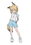  1girl absurdres alternate_costume animal_ears arknights blonde_hair fox_ears fox_girl fox_tail full_body hair_ornament hairclip hands_in_pockets highres kentllaall mechanical_arms medium_hair notched_ear open_mouth orange_eyes shoes shorts simple_background single_mechanical_arm sneakers socks solo tail vermeil_(arknights) whistle whistle_around_neck white_background white_legwear 