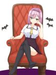 1girl armchair bat_(animal) black_thighhighs blunt_ends blush bob_cut braid breasts bright_pupils brown_skirt c: chair closed_mouth collared_shirt commentary_request crossed_legs eyes_visible_through_hair full_body green_eyes hair_between_eyes hair_ornament hairclip hand_up head_rest high-waist_skirt highres jitome large_breasts necktie no_shoes on_chair pink_hair pleated_skirt school_uniform shirayamakoma shirt short_hair short_necktie short_sleeves side_braid simple_background sitting skirt smile smug solo split_mouth straight_hair suspender_skirt suspenders tanikaze_amane tenshi_souzou_re-boot! thighhighs tsurime white_background white_shirt x_hair_ornament yellow_necktie 