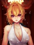  1girl antlers bare_shoulders blonde_hair breasts dragon_girl dragon_horns dress highres horns kicchou_yachie large_breasts looking_at_viewer open_mouth red_eyes same_tiii short_hair sleeveless sleeveless_dress smile touhou white_dress yellow_horns 
