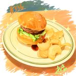  absurdres burger chips_(food) food food_focus highres lettuce meat no_humans original plate potato_chips sesame_seeds table takisou_sou 