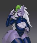  anthro big_breasts breasts canid canine canis cleavage clothed clothing fanning fanning_self female five_nights_at_freddy&#039;s five_nights_at_freddy&#039;s:_security_breach green_hair grey_background grey_tail hair hi_res leotard lips lipstick long_hair makeup mammal nails pulred purple_lips purple_lipstick roxanne_wolf scottgames simple_background solo steel_wool_studios tail thick_lips thick_thighs unzipped_bodysuit white_hair wide_hips wolf 