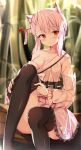  1girl adjusting_clothes adjusting_legwear animal_ears bare_shoulders black_legwear breasts brown_eyes cleavage fox_ears fox_sua hanbok highres kitsune_ga_boku_wo_matteiru korean_clothes long_hair pink_hair shua_(kitsune_ga_boku_wo_matteiru) side_ponytail sitting skirt solo thighhighs 