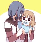  2girls blonde_hair blue_hair braid commentary_request eye_contact furutani_himawari hair_ornament hairclip highres hug looking_at_another mesushio multiple_girls nanamori_school_uniform oomuro_sakurako pacifier school_uniform short_hair twin_braids yuru_yuri 