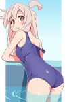  1girl :t ahoge ass bare_arms bare_shoulders blue_one-piece_swimsuit blush_stickers brown_eyes commentary from_behind highres long_hair looking_at_viewer looking_back noyama_takenoko one-piece_swimsuit onii-chan_wa_oshimai! oyama_mahiro pink_hair school_swimsuit smile solo strap_slip swimsuit water 