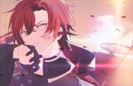  1boy bishounen black_choker black_gloves choker closed_mouth earpiece gloves hand_up highres holostars holostars_english machina_x_flayon male_focus outdoors red_hair short_hair solo upper_body wiping_mouth xmayo0x 