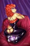 2022 anthro bakufu bedroom_eyes breasts butt cayes clothing curtains digital_media_(artwork) female freckles hair hi_res jewelry kneeling latex looking_back narrowed_eyes necklace orange_hair plushie rear_view reptile scalie seductive shell smile solo tight_clothing turtle 