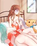  4girls absurdres ass bang_dream! brown_hair character_request closed_eyes covering day eyebrows_visible_through_hair green_hair grey_hair highres hikawa_sayo imai_lisa indoors lying minato_yukina multiple_girls ninjacats18 nude nude_cover on_back on_side pillow sitting stuffed_animal stuffed_toy turn_pale window yuri 