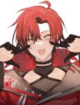  1boy ahoge bishounen black_choker black_gloves choker gloves hand_up highres holostars holostars_english machina_x_flayon male_focus open_mouth pointing pointing_at_self red_hair short_hair simple_background solo upper_body white_background xmayo0x 