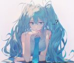  ... 1girl ? bare_shoulders blue_eyes blue_hair blue_necktie breasts chromatic_aberration collared_shirt d: hair_between_eyes hand_on_own_chin hatsune_miku highres long_hair looking_at_viewer medium_breasts messy_hair mihoranran necktie number_tattoo open_mouth raised_eyebrow shirt sidelocks simple_background sleeveless sleeveless_shirt solo straight-on sweatdrop tattoo twintails upper_body very_long_hair vocaloid white_background white_shirt 