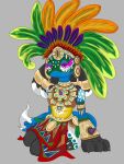 2023 anthro aztec ceremonial claws elchuydra facial_paint feathered_headdress female finger_claws generation_4_pokemon grey_background hi_res hina_(elchuydra) jewelry looking_at_viewer lucario mesoamerican nintendo pokemon pokemon_(species) purple_eyes simple_background sitting sitting_on_ground smile smiling_at_viewer solo