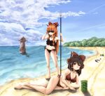  4girls alternate_costume bangs beach benikurage_(cookie) bikini black_bikini blue_sky blush bow breasts brown_horns buried cleavage closed_mouth cloud commentary_request cookie_(touhou) cup day food frilled_bikini frilled_bow frills fruit full_body grin haiperion_buzan hair_between_eyes hair_bow hakurei_reimu holding holding_polearm holding_weapon horizon horns ibuki_suika kairu_the_dolphin kanna_(cookie) large_breasts long_hair looking_at_viewer microsoft_office multiple_girls navel ocean orange_hair outdoors polearm red_bikini red_bow sananana_(cookie) sand side-tie_bikini sky small_breasts smile squid standing sunglasses swimsuit touhou trident water watermelon weapon yamin_(cookie) yunomi 