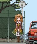  1girl apron bag bell boots brown_eyes brown_footwear car chain-link_fence checkered_clothes checkered_kimono cityscape commentary_request english_commentary fence frilled_skirt frills full_body green_skirt hair_bell hair_ornament highres holding holding_bag honda honda_civic japanese_clothes kasuya_baian kimono looking_to_the_side medium_hair medium_skirt mixed-language_commentary motoori_kosuzu motor_vehicle orange_hair outdoors power_lines red_kimono shopping_bag simple_background skirt solo standing touhou translation_request transmission_tower tree white_background white_bag white_kimono yellow_apron 