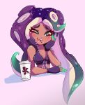  2021 absurd_res animal_humanoid beauty_mark beverage breasts cephalopod cephalopod_humanoid clothing container cup dark_body dark_skin female fingerless_gloves gloves handwear hi_res humanoid marina_(splatoon) marine marine_humanoid mollusk mollusk_humanoid nin10ja nintendo octarian octoling one_eye_closed open_mouth open_smile pseudo_hair simple_background smile solo splatoon teeth tentacle_hair tentacles video_games wink 