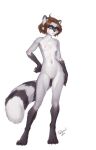  2024 4_toes anthro areola blue_eyes breasts brown_hair chest_tuft countershade_torso countershading eye_scar facial_scar feet female fingers front_view fur genitals grey_body grey_fur hair hi_res inner_ear_fluff looking_at_viewer mammal markings navel nipples nude personalami procyonid pussy raccoon scar simple_background small_breasts solo standing striped_markings striped_tail stripes tail tail_markings toes tuft white_background 
