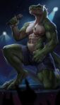  abs absurd_res anthro bottomwear claws clothed clothing dinosaur electronics front_view green_body green_scales hi_res kneeling licking licking_lips male microphone muscular muscular_anthro muscular_male navel nipples non-mammal_nipples on_one_knee pecs reptile rocco_(tallion) scales scalie sharp_teeth shirtless shorts shorts_only silgiriya_mantsugosi singer singing solo spikes spotlight tail teeth theropod toe_claws tongue topless torn_bottomwear torn_clothing torn_shorts tyrannosaurid tyrannosauroid tyrannosaurus tyrannosaurus_rex 